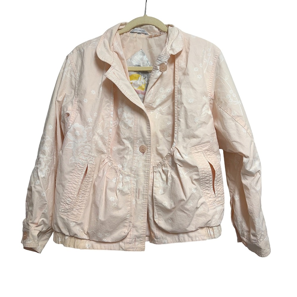 Vintage 80s Floral Bomber Jacket Pink Cotton Canvas  Top Hitz Cottagecore Large